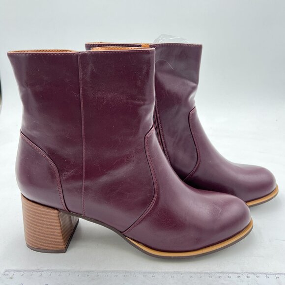 Wine Women Round Toe Ankle Boot Retro Side Zipper Block Heel Boots Office Shoes - Picture 3 of 6